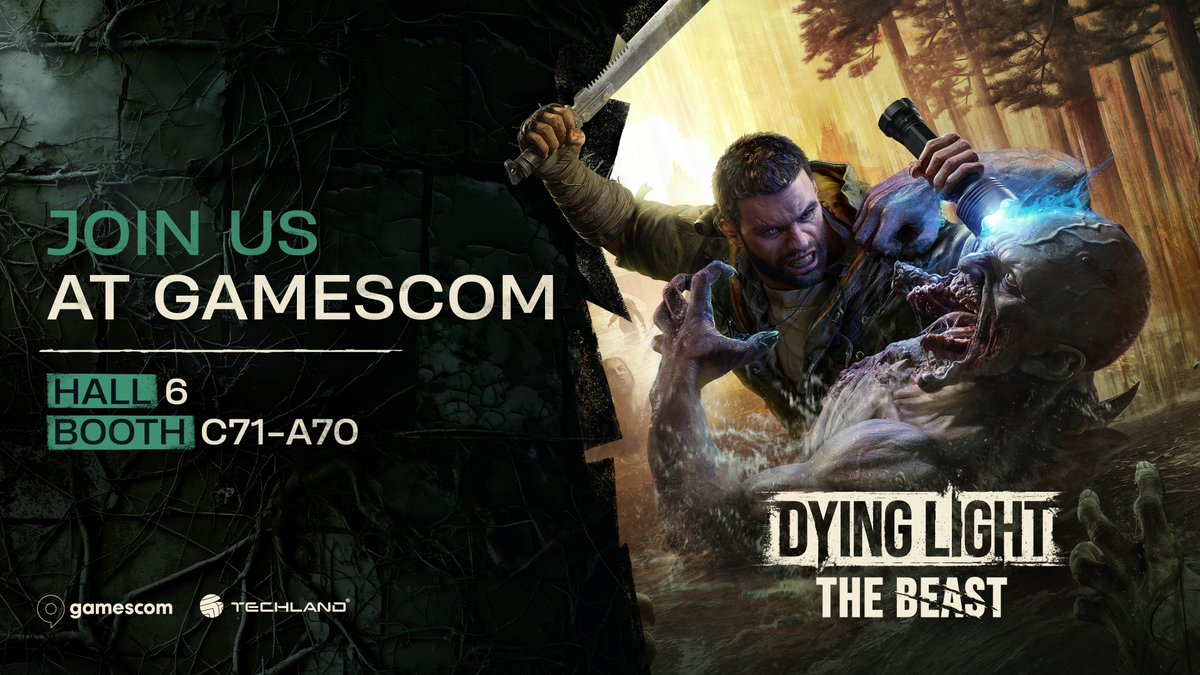DyingLightGame's tweet image. The Techland team is coming to #Gamescom2025 with Dying Light: The Beast!

Visit us in the Castor Woods Tourism Center - an immersive booth where you can play a never before shown demo of #DyingLightTheBeast, take part in special activities and win a token for a free burger at…
