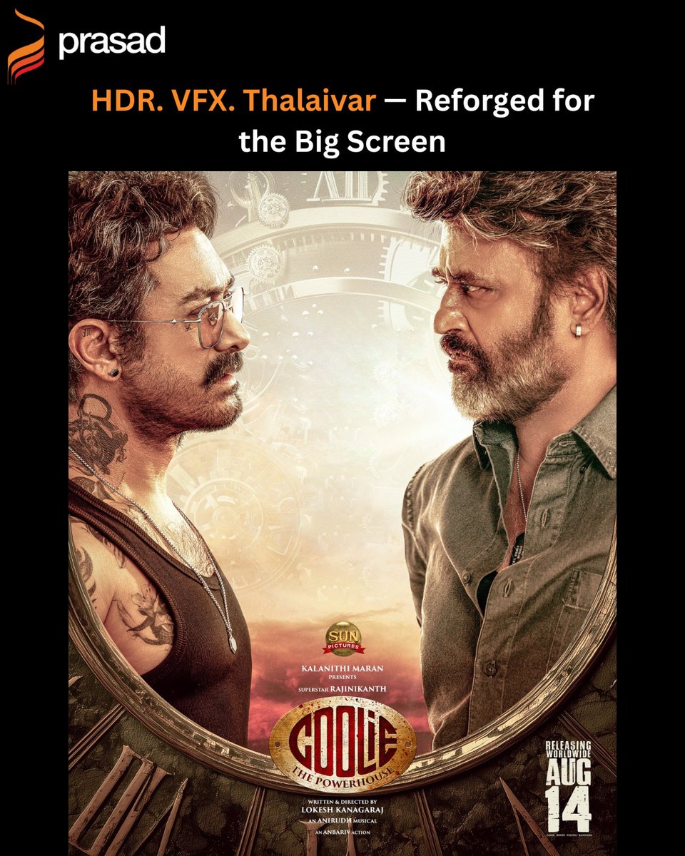PrasadCorp's tweet photo. #Coolie roars into cinemas 14 Aug! 💥 #Rajinikanth’s 1st film graded fully in HDR at Asia’s 1st HDR by Barco Suite by #Ranga using #FilmLight #Baselight at Prasad. Only in HDR cinemas! @rajinikanth @sunpictures @lokesh.kanagaraj https://t.co/4UHJY0wIk7