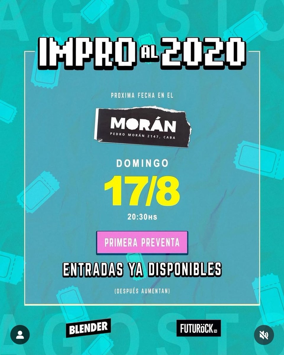 AGENDA DE LA SEMANA (cont). Entradas en Passline.

🟣SÁBADO 16/8, 21: TE AMARÉ NUNCA MÁS #musica

🟣DOMINGO 17/8, 17:00: ALGUIEN CONTARÁ ESTA HISTORIA #teatro

🟣 19:30: MARCELA CONTRA LA MÁQUINA #teatro 

🟣20:30: IMPRO AL 2020 #improvisacion