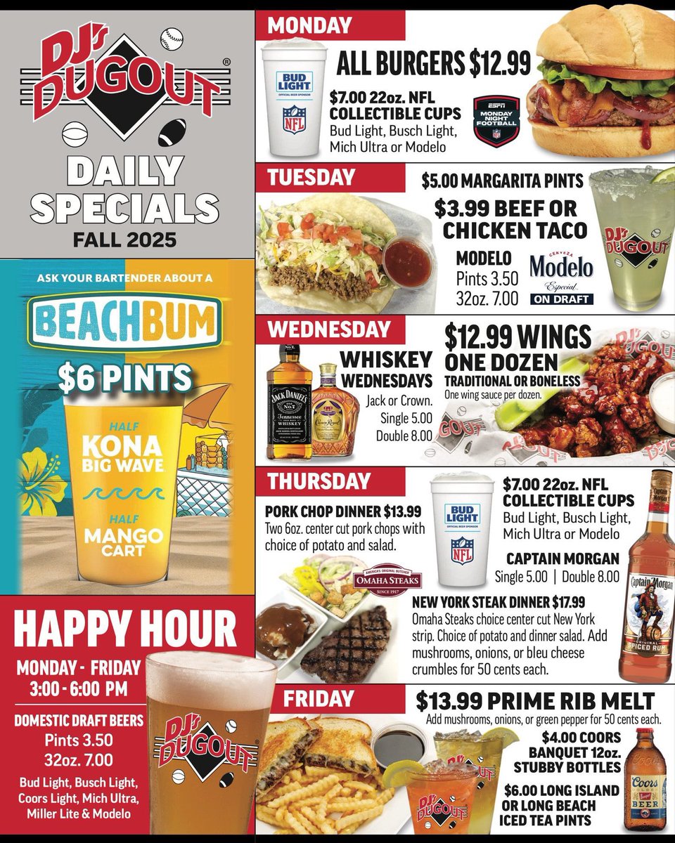 DJ's Dugout is your spot for great Daily Specials! 😋 Something new &amp; delicious to try each day, come see us!