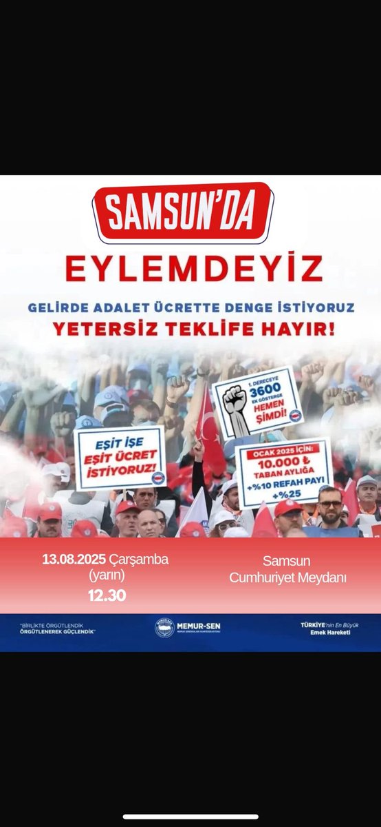 TocBirSenSamsun's tweet photo. CUMHURİYET MEYDANINDA  YARIN SAAT 12.30 da YETERSİZ TEKLİFE HAYIR DEMEK İÇİN MEYDANDAYIZ…. HERKESİ BU HAKLI EYLEMİ DUYURMAK İÇİN CUMHURİYET MEYDANINA BEKLİYORUZ…

 #YetersizTeklifeHayır https://t.co/RK25zU7kkG
