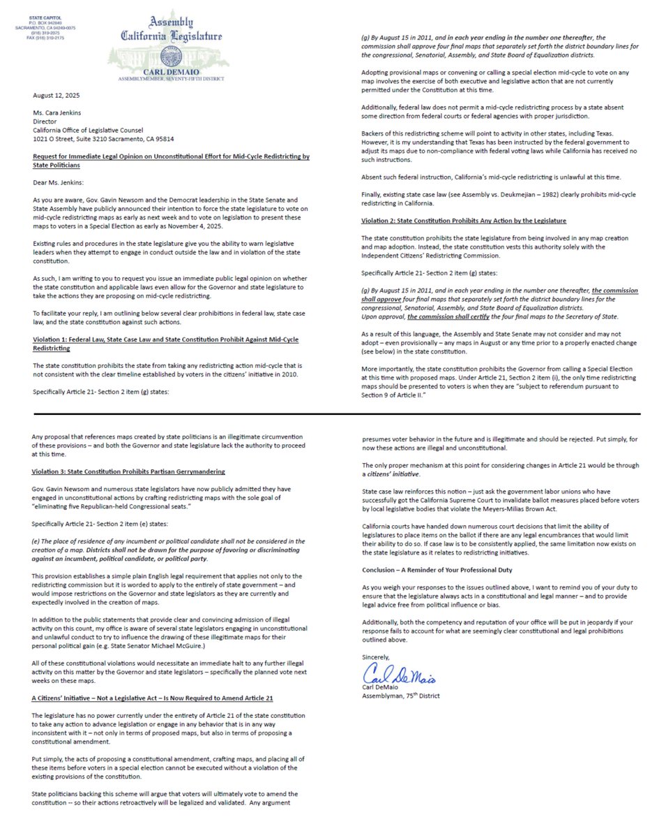 GOP Assemblyman Carl DeMaio has sent a letter to the CA Office of Legislative Counsel requesting an immediate legal opinion on the constitutionality of California's mid-decade redistricting plan, citing several potential legal landmines.