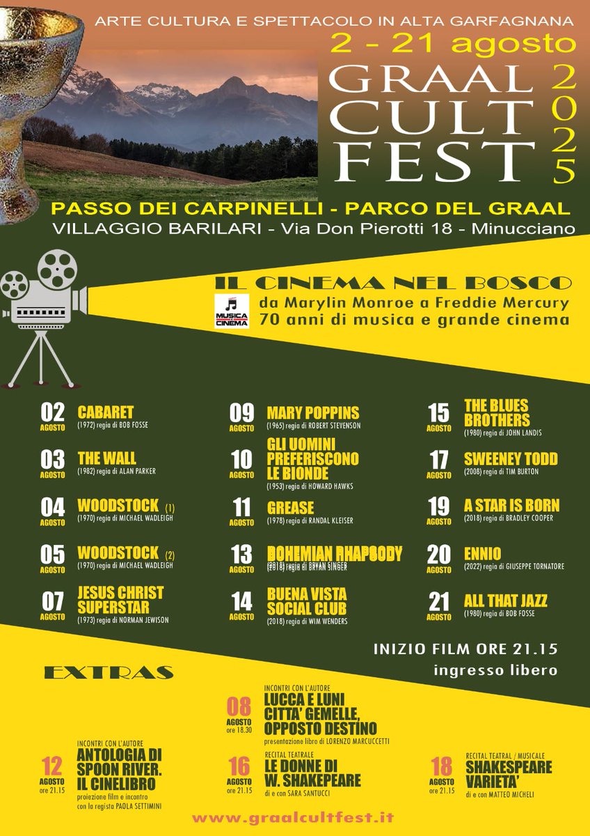 FestCult's tweet photo. 🎬GRAAL CULT FEST / IL CINEMA NEL.BOSCO salvate il programma!
Una rassegna dei
🎥 DA MARILYN MONROE A FREDDY MERCURY 70  ANNI DI MUSICA E GRANDE CINEMA 
🌲Parco Graal via Don Pierotti, Monte Argegna. Minucciano, Lucca.
Ingresso gratuito.
Per saperne di più
https://t.co/ixHo4Ph2pr https://t.co/MreKPASuJv