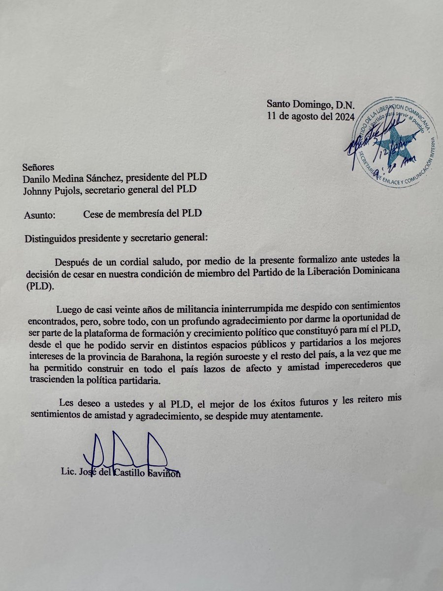 Hoy nos fue recibida la carta del día de ayer, donde le comunicamos al ⁦PLD nuestra decisión de cesar en nuestra membresía partidaria, parto en paz y agradecido de las oportunidades recibidas, no está en mi animo entrar en confrontaciones estériles que nada aportan.
