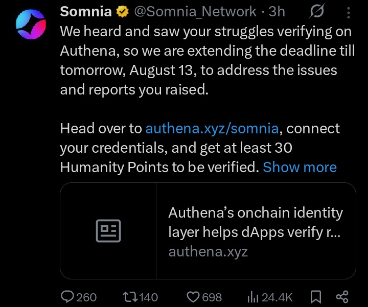 Thank you Somnia! 🙌
Appreciate the extension on the Authena verification deadline — it really shows you’re listening to the community. 💜
<a href="/Somnia_Network/">Somnia</a>
