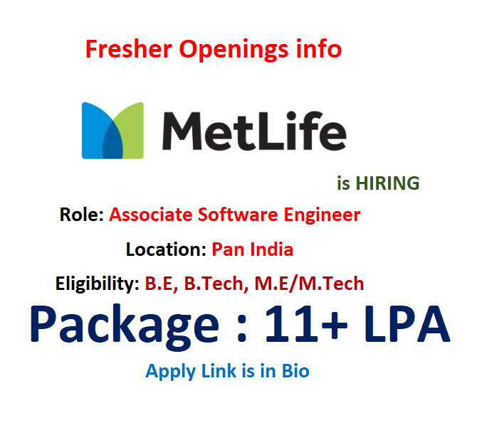 Metlife is hiring #Freshers for Associate #Software Engineer.

Location: Pan India

Eligibility:
- Bachelor’s degree or 0 to 3 years of exp in Core Java, Advanced Java, Microservices
- Java 8, Spring Framework, Spring Boot, Spring Cloud

Link: metlifecareers.com/en_US/ml/JobDe… 

#Metlife
