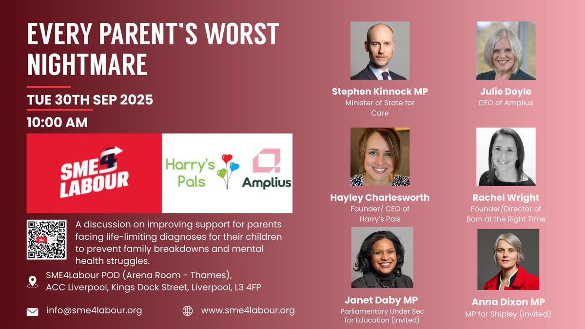 Announcing a vital discussion at #LabourConference: "Every Parent's Worst Nightmare."

Join @sme4labour, Harry's Pals, and Amplius to discuss improving support for parents of children with life-limiting diagnoses and preventing mental health struggles.

With Stephen Kinnock MP,