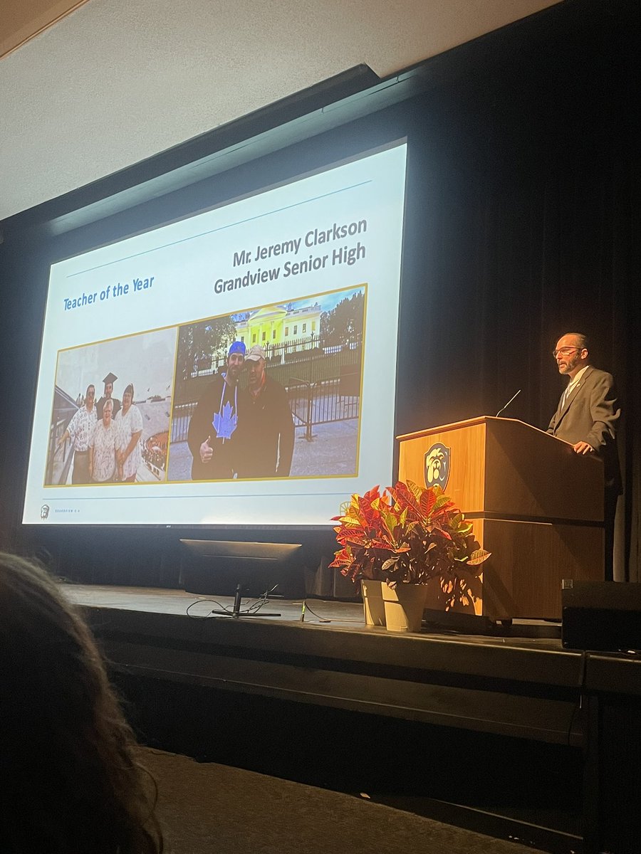 GrandviewCSD4's tweet image. GHS teacher Jeremy Clarkson talks about his motivating forces…his family and his friend, beloved GHS teacher, the late Charles Criniere. #EmpowerPassion
