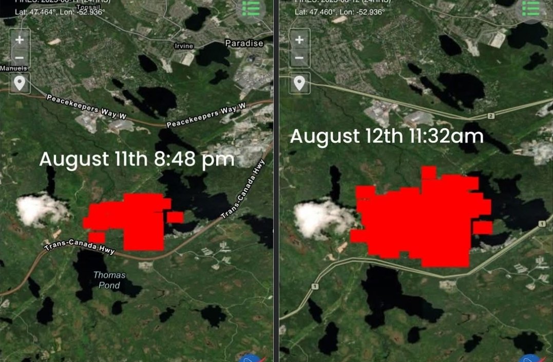 TheNLWX's tweet photo. Paddys Pond fire has grown significantly since yesterday. #nlwx #nltraffic #nfld #nlstrong https://t.co/enWTT8XfPw