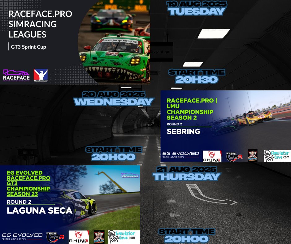 RaceFacePro's tweet image. 🔥 This week @RaceFace_Pro is STACKED with racing!

🏁 Tue: FINAL ROUND iRacing GT3 @ Road America
⚡ Wed: Hypercar/LMP2/GT3 LMU R2 @ Sebring
🏎️ Thu: EG Evolved GT3 S23 R2 @ Laguna Seca
📺 Watch LIVE on YouTube: youtube.com/@RaceFacePro

See you on track, petrol heads! 💨