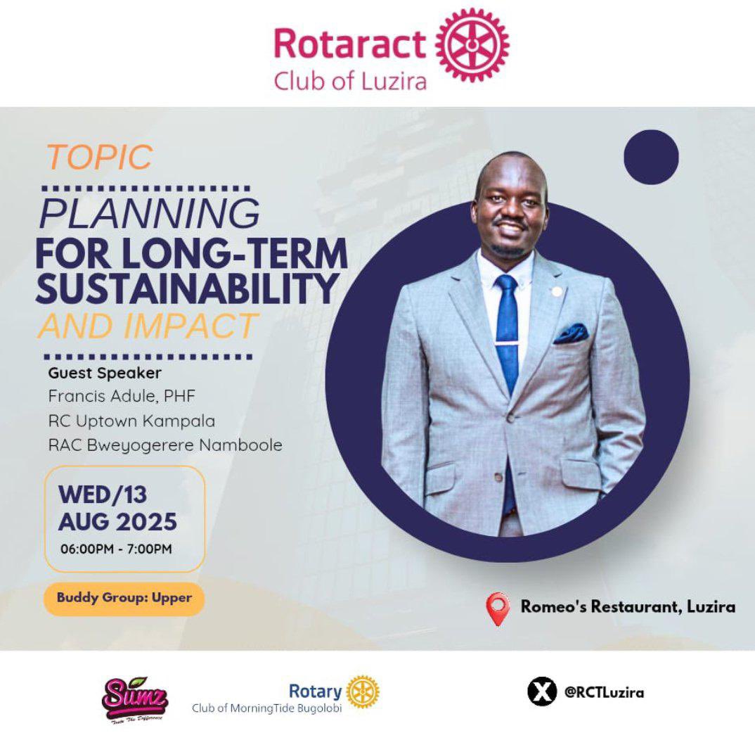 💫RC Uptown Kampala✌ (@rcuptownkampala) on Twitter photo Proud of our own <a href="/FrancisAdule/">Francis Adule</a> who will be imparting wisdom at <a href="/RCTLuzira/">Rotaract Club of Luzira - The Wardens</a> on planning for long term sustainability & impact.
Come ready to be inspired to grow, & elevate further.
Don’t miss it!
#RotaryEyamba Proud of our own <a href="/FrancisAdule/">Francis Adule</a> who will be imparting wisdom at <a href="/RCTLuzira/">Rotaract Club of Luzira - The Wardens</a> on planning for long term sustainability & impact.
Come ready to be inspired to grow, & elevate further.
Don’t miss it!
#RotaryEyamba