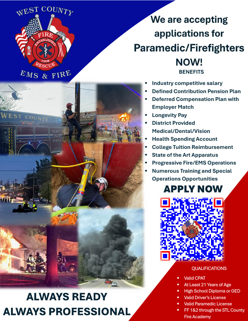 WESTCOUNTYFIRE's tweet photo. Our applications are open, apply at https://t.co/YZQfN9lweo Incoming St. Louis County Fire Academy, Inc. students welcome. https://t.co/jgbsIWK7LS