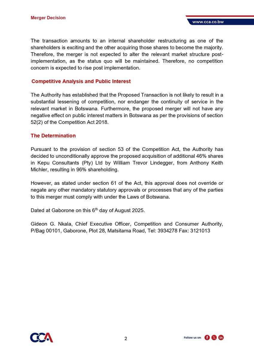 Merger Decision No 29 2025 - William Lindegger and Kepu Consultants
#CCAmergerdecision #mergers #acquisitions #mergersandacquisitions #CCApublicnotice