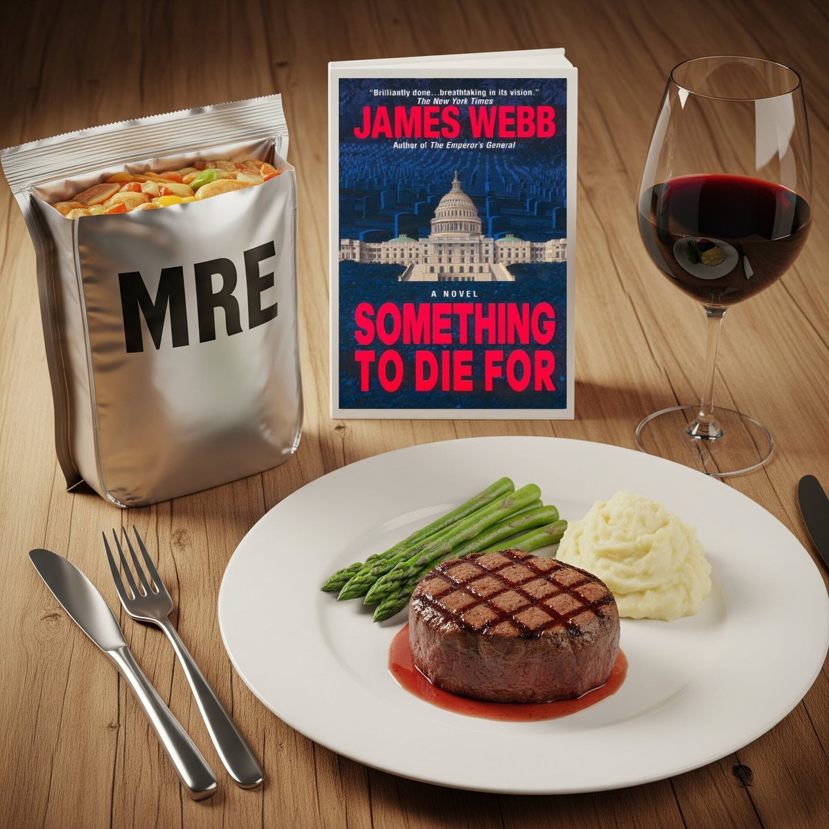 jasonciment's tweet photo. I tackled "Something to Die For" by James Webb. He uses food like a secret code to show who's who. The soldiers, all gritty &amp; tough, eating awful military rations. 
Then you got the suits in Washington talking shop over steak and wine. The contrast is huge! https://t.co/YT8WGwWi9y