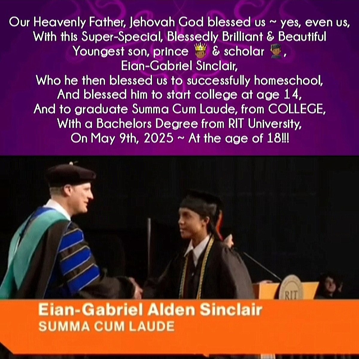 <a href="/MonroeCC/">Monroe Community College</a> <a href="/DrDeAnnaBNanna/">Dr DeAnna Burt-Nanna</a> <a href="/Comm_College/">comm_college</a> Congrats &amp; TY to Dr. BNanna 4inviting Eian 2enroll at MCC aft he was accepted/started at RIT at age 14 then an attempt was made 2prevent him fr enrolling FT at RIT.  He graduated Summa Cum Laude w/a Bachelors fr RIT in May &amp; wants to also complete his degree fr MCC if permitted.