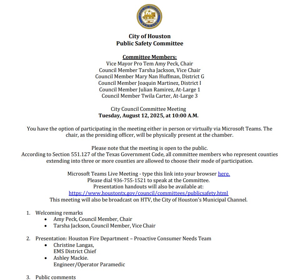 Amy Peck (@amypeck) on Twitter photo The August Public Safety Committee Meeting is about to start at 10:00 AM. You can follow along on <a href="/HTVHouston/">HTVHouston</a> at houstontx.gov/htv/ The August Public Safety Committee Meeting is about to start at 10:00 AM. You can follow along on <a href="/HTVHouston/">HTVHouston</a> at houstontx.gov/htv/