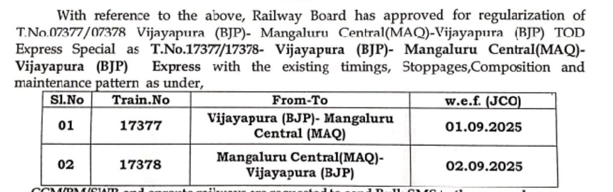 ವಿಜಯಪುರ–ಮಂಗಳೂರು ಎಕ್ಸ್‌ಪ್ರೆಸ್ ಸೆಪ್ಟೆಂಬರ್ 1ರಿಂದ ಶಾಶ್ವತ ಸೇವೆಯಾಗುತ್ತಿದೆ.

ರೈಲು ಖಾಯಂಗೊಳಿಸಲು ಶ್ರಮಿಸಿದ ಎಲ್ಲರಿಗೂ ಹೃತ್ಪೂರ್ವಕ ಅಭಿನಂದನೆಗಳು ಮತ್ತು ಶುಭಾಶಯಗಳು <a href="/CaptBrijesh/">Captain Brijesh Chowta ಕ್ಯಾಪ್ಟನ್ ಬ್ರಿಜೇಶ್ ಚೌಟ</a> <a href="/VSOMANNA_BJP/">V. Somanna</a>