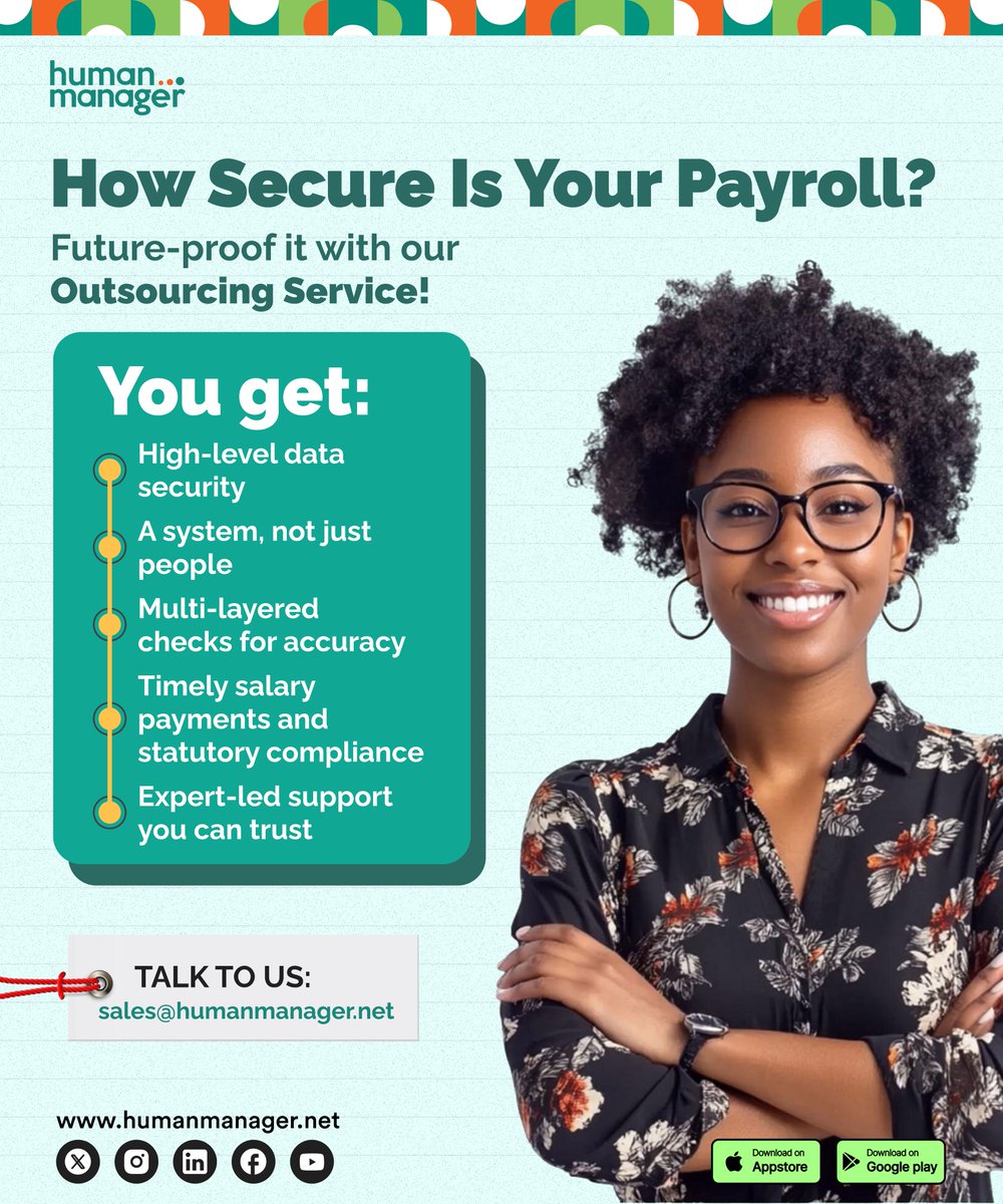HumanManagerNig's tweet image. Partner with a system built to protect your employee data, ensure statutory compliance, and provide accurate payroll management.

Email sales@humanmanager.net to sign up for our Payroll Outsourcing service.

#BusinessSecurity #HumanManager #HRTech #PayrollOutsourcing