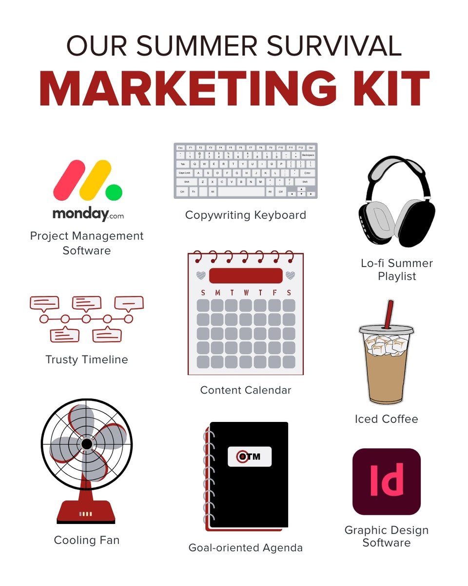 OnTheMarkComm's tweet image. Check out our ultimate summer survival kit! 🌞 

From refreshing iced coffee and cool vibes to reliable timelines and must-have design and project management tools—everything we need to keep your marketing sharp, stress-free and on point all summer long! 💪✨