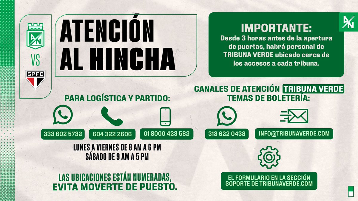 La cita es hoy, en casa 🏟️

Esta es la información de logística para una noche de <a href="/Libertadores/">CONMEBOL Libertadores</a>. Boletería disponible en: tribunaverde.com 💚

#VamosTodosJuntos🇳🇬 
#UnoVuelveSiempre
