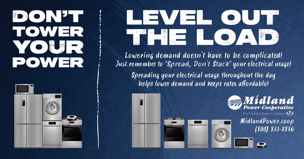 ⚡Don’t Tower Your Power — Level Out the Load!⚡

Running too many appliances at once can spike demand and impact rates. Spread your usage throughout the day to help keep electricity reliable and affordable for everyone! 💰

#EnergyTips #CooperativePower #DontTowerYourPower