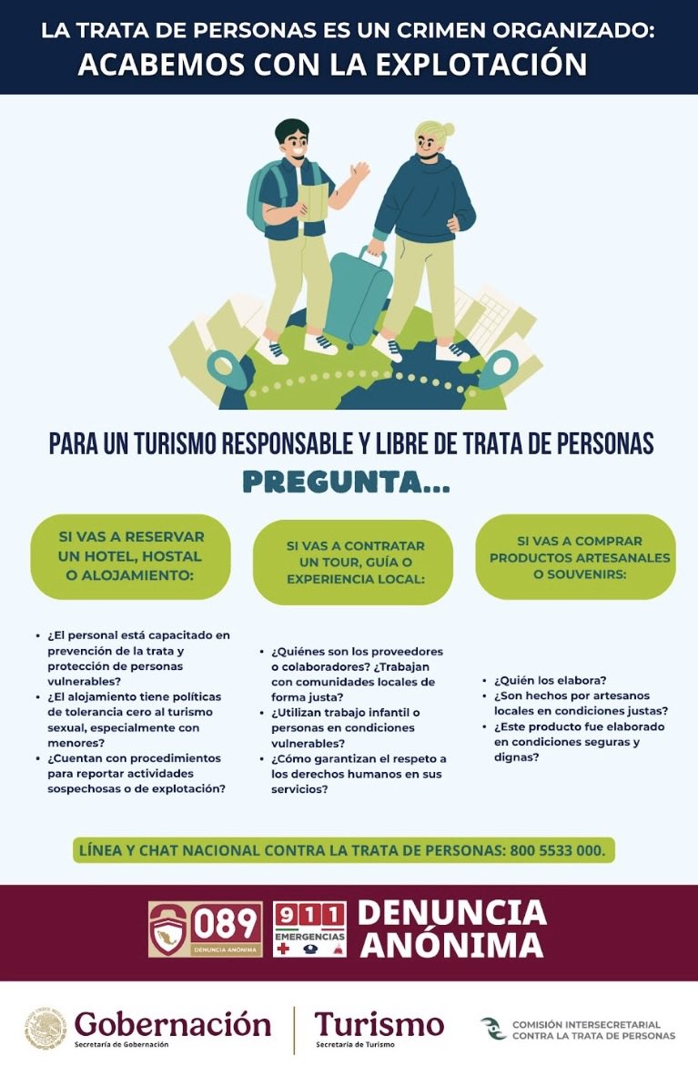 La trata de personas NO es turismo.
Viaja, hospédate y compra de forma responsable.
✋ Pregunta, verifica y denuncia: 800 5533 000

#LaTierraQueNosUne #TurismoResponsable