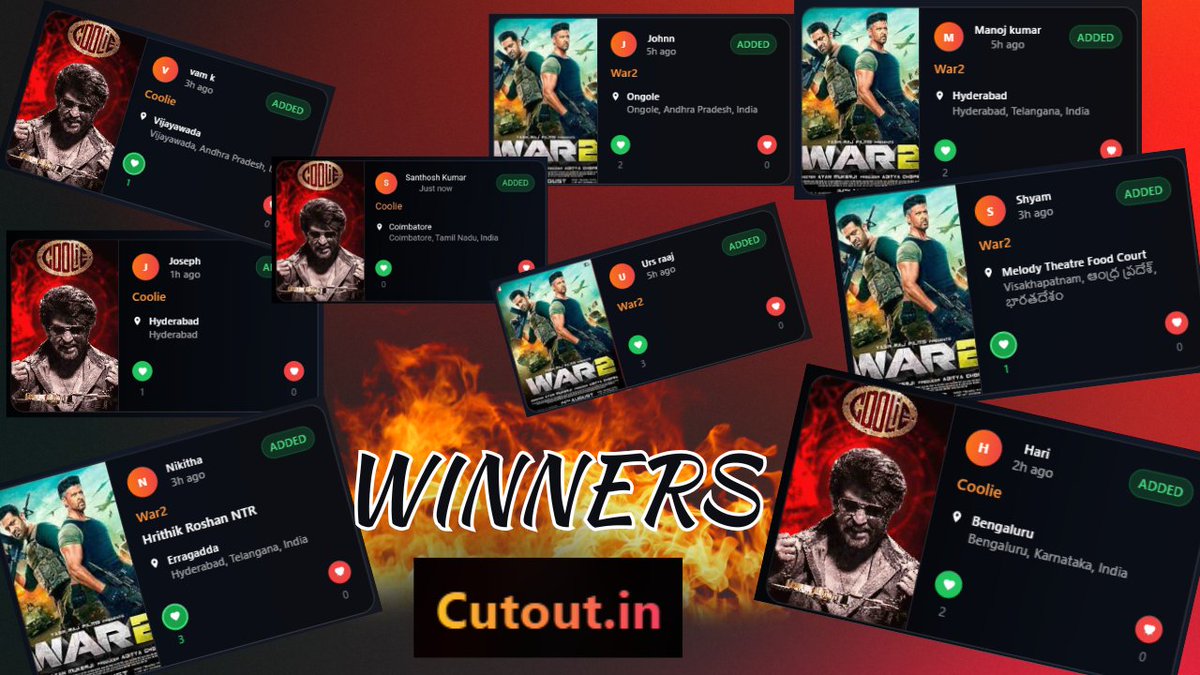 As promised maximum passes.
             Winning Cutouts
             🔥🔥🔥🔥🔥

Please DM will share BMS passes.

Congratulations all the winners 🎉🎉🎉
<a href="/Madhu_Urmila/">Madhu_Queen♥️</a> <a href="/johnnsnow00/">johnsnow</a>  <a href="/HAR1_Vj/">HARI_🚩</a> <a href="/PushpaGadiRul/">▄︻デⱤ₳₳J ══━一</a> <a href="/vamk800/">Vamsi</a> <a href="/nikitha251095/">Nikitha</a> <a href="/thala07071981/">. 🐉</a> <a href="/MangoManoj08/">Manoj Kumar</a>