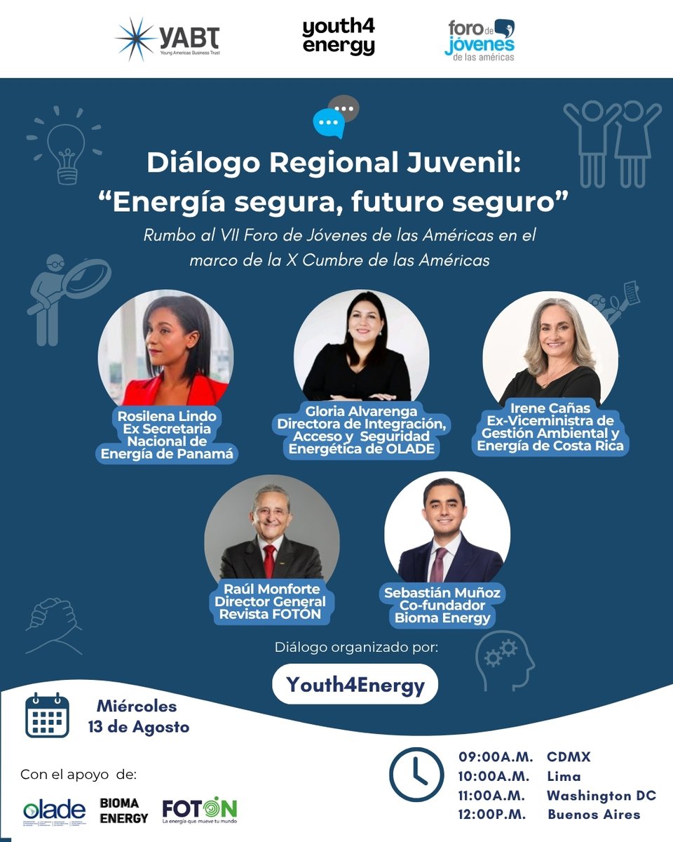 FotonLatam's tweet image. En Fotón nos sumamos a la convocatoria al Diálogo Regional Juvenil: “Energía Segura, Futuro Seguro”, previo a la X Cumbre de las Américas y al VII Foro de Jóvenes de las Américas.
Inscríbete y participa 
13 de agosto 09:00 hrs (México y Centroamerica)
events.teams.microsoft.com/.../07d323dd-0…...
