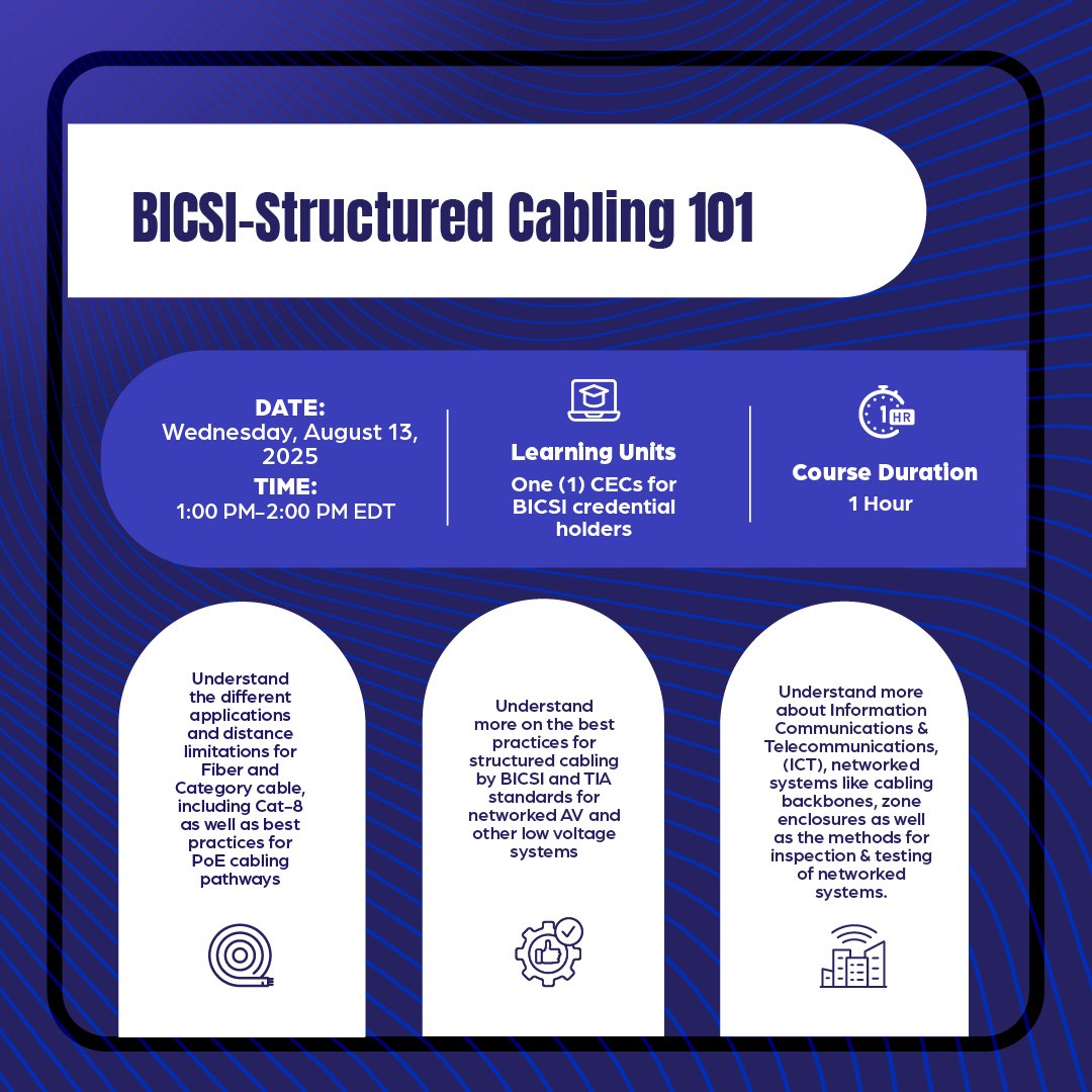 There's still time to sign up for our BICSI class, Structured Cabling 101, taking place tomorrow, August 13th. Structured Cabling 101 is an introductory course covering the fundamentals of ICT cabling systems, based on TIA and BICSI standards. Topics include design best