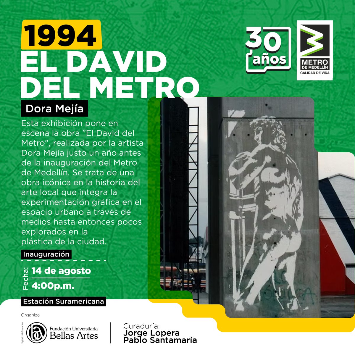 El arte viaja con nosotros ✨.

Este jueves, 4:00 p. m., descubre El David del Metro, obra de Dora Mejía 🎨.
📍 Estación Suramericana

¡Te esperamos! <a href="/BellasArtesMede/">Bellas Artes Medellín</a>