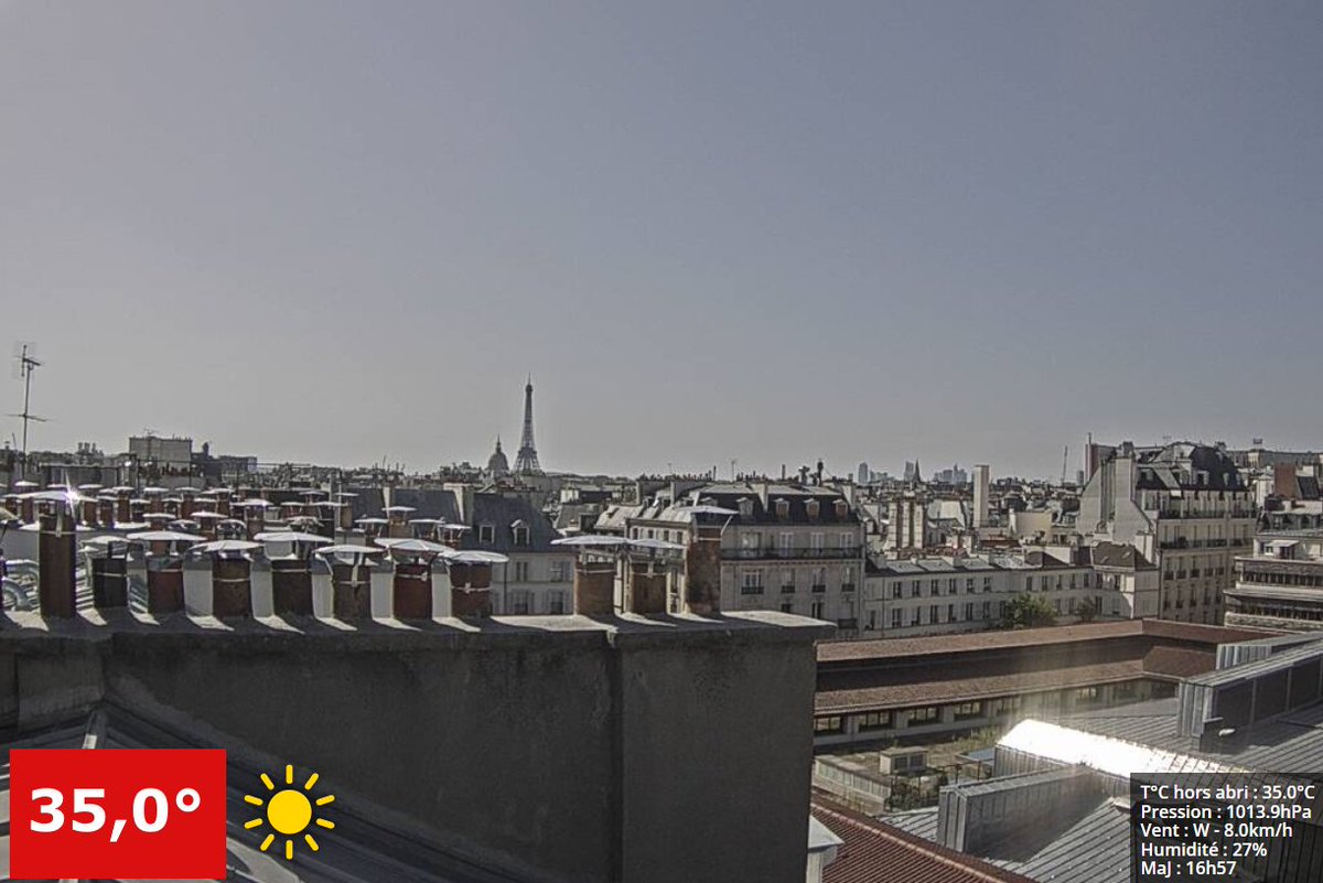 🌡️ #Paris atteint les 35°C pour la première fois de cette #canicule ce 12 août 2025 ! C'est aussi inédit depuis le 1er juillet dernier, il y a 6 semaines. - webcam meteo-paris.com