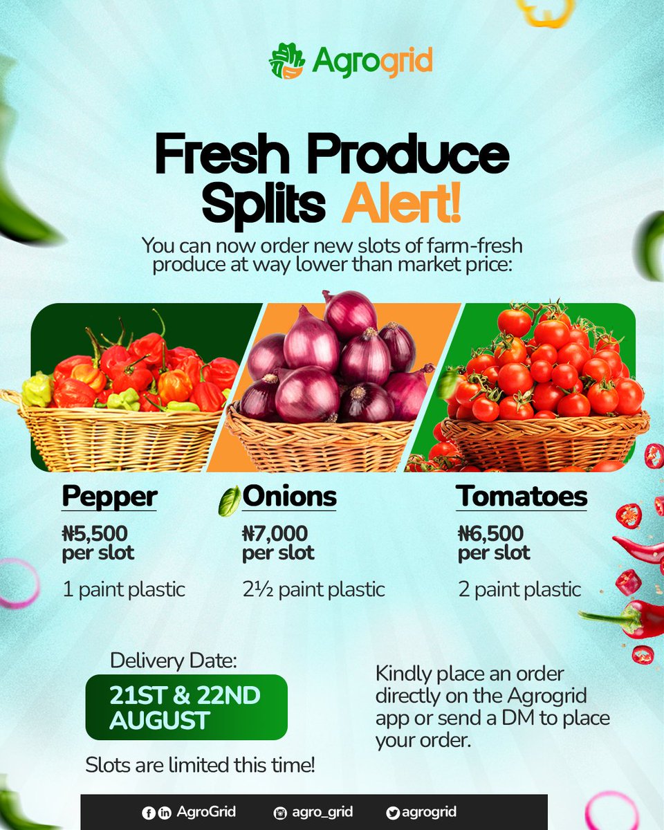 agrogrid's tweet photo. Why pay more in the market when you can get farm-fresh Pepper, Onions & Tomatoes for less on Agrogrid?
New slots are open, donโt miss out!
Place your order now on the Agrogrid app.
#agrogrid #splitbuy #buyinbulk #peppers https://t.co/wO4s7wXRS8