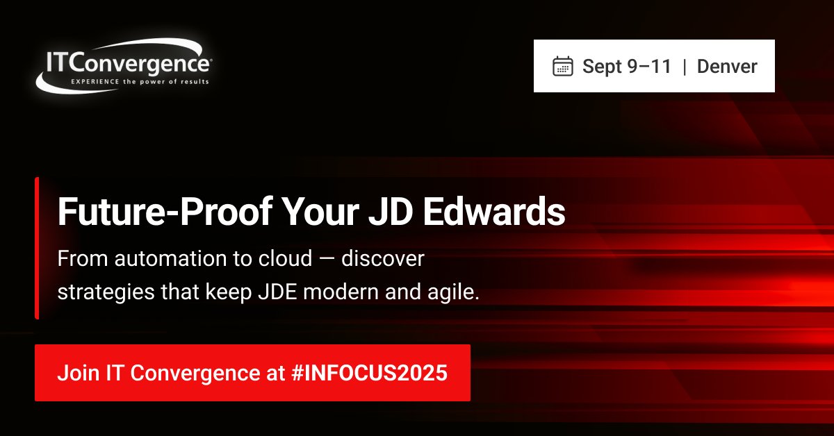 Too many #JDEdwards teams are stuck in manual mode.
At #INFOCUS2025, IT Convergence will show how Orchestrator automates workflows, integrates data, and eliminates repetitive tasks—so your #ERP becomes an engine for innovation, not admin.

hubs.ly/Q03BVGMj0