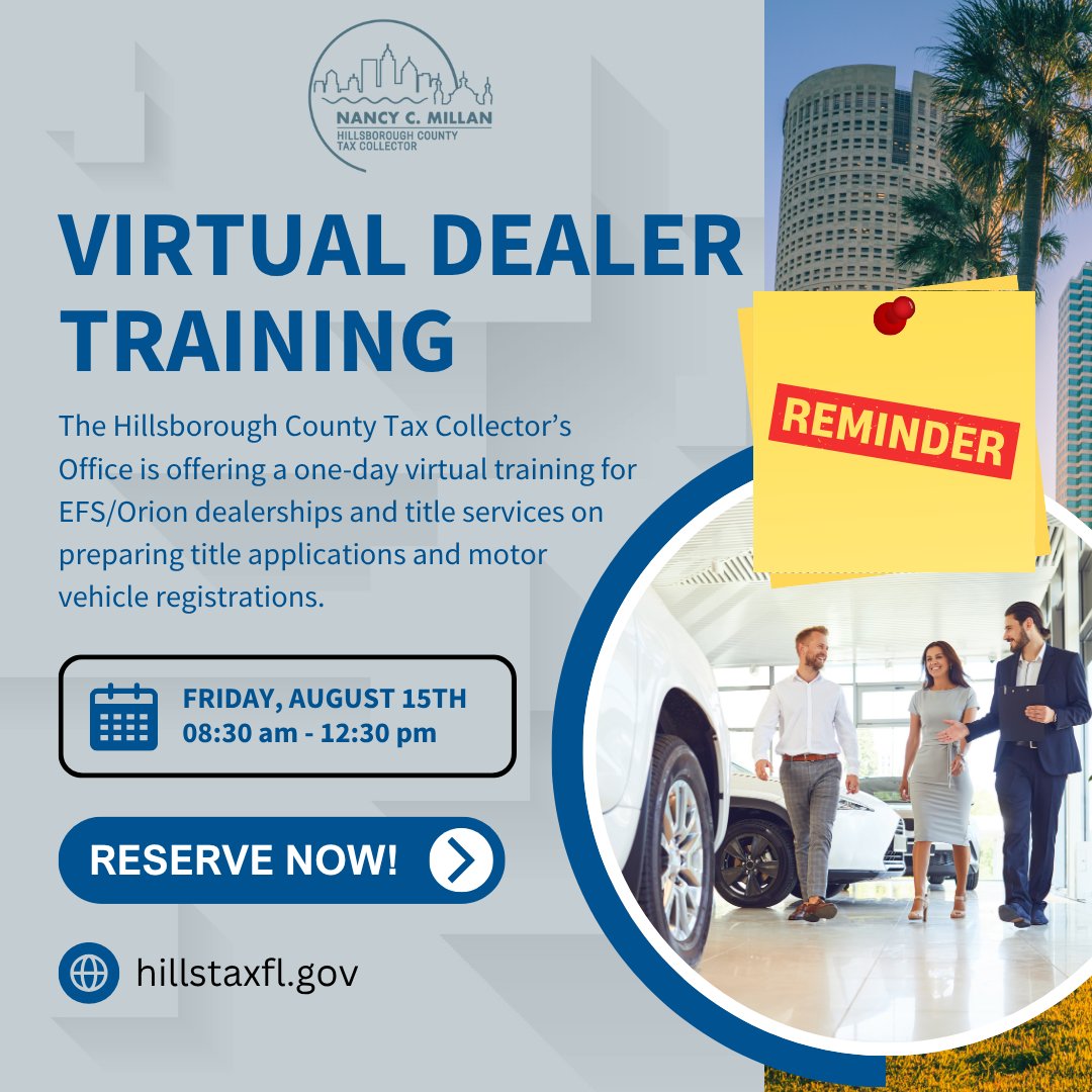 🚗 REMINDER: EFS/Orion Dealers!
Training THIS Friday 8/15, 8:30AM-12:30PM (Virtual)

✅ Title apps &amp; registrations
✅ DMV updates + Q&amp;A

🚨 LAST CHANCE! 🚨

Register: hillstaxfl.gov/title-tag/deal…

#DealerTraining