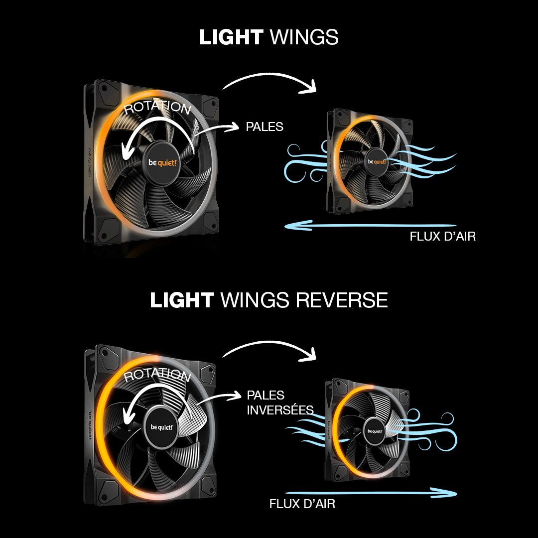 Ils semblent presque identiques, mais il y existe une petite différence astucieuse 🔁

Nos Light Wings et Light Wings Reverse, et leur version LX, sont équipés de pales de conception différente pour prendre en charge un flux d'air standard (par l'avant) ou inversé (par l'arrière)