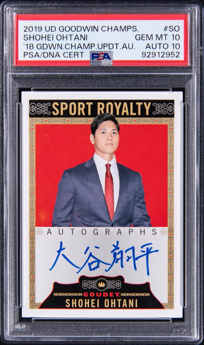 SHOHEI KANJI! 

This 2018 Upper Deck Goodwin Champions Goudey Sport Royalty Autographs '19 Goodwin Champions Update Shohei Ohtani, Signed In Kanji Rookie Card - PSA GEM MT 10, PSA/DNA GEM MT 10 - Pop 4 is available in our historic #Goldin100. 

BID NOW: bit.ly/40XPLld