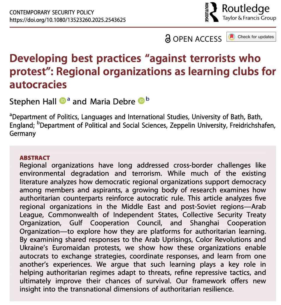 CSP Journal (@csp_journal) on Twitter photo 🚨new article online
<a href="/stephengfhall/">Dr Stephen Hall</a> & <a href="/DebreMaria/">Maria Debre</a> study authoritarian regional organizations in Eurasia and the Middle East to understand how these provide learning opportunities for autocratic member states
👉tandfonline.com/doi/full/10.10…
#OpenAccess 🚨new article online
<a href="/stephengfhall/">Dr Stephen Hall</a> & <a href="/DebreMaria/">Maria Debre</a> study authoritarian regional organizations in Eurasia and the Middle East to understand how these provide learning opportunities for autocratic member states
👉tandfonline.com/doi/full/10.10…
#OpenAccess