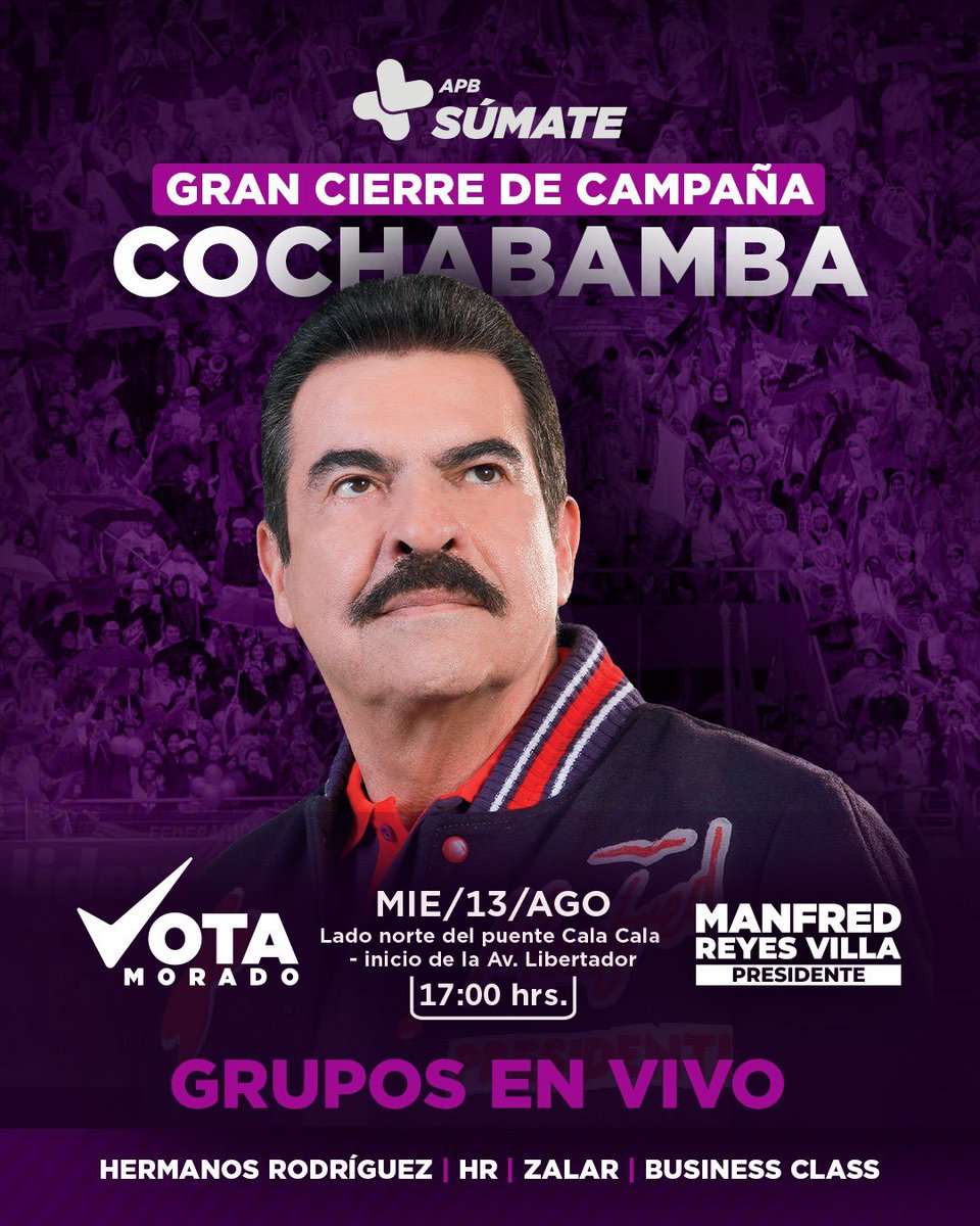 SumateBolivia's tweet photo. ✨Cochabamba, el corazón que late por la transformación del país💜

Este 13 de agosto nos reuniremos para demostrar que la fuerza del valle puede transformar el futuro de Bolivia.🇧🇴

#VotaMorado #VotaManfred #Bolivia #Cochabamba https://t.co/9zjMRp3L9t