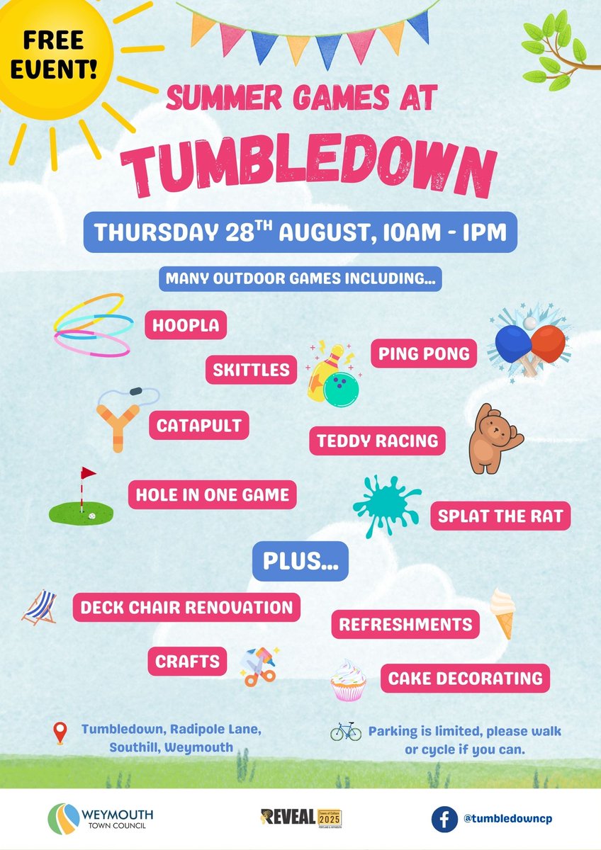 WeymouthWTC's tweet image. 🥳 The free #SummerGames event at #Tumbledown take place on Thursday 28th August between 10am - 1pm. Come on down to join in the fun and take part in a variety of games and activities! 

#WeymouthEvents #WeymouthTownCouncil
