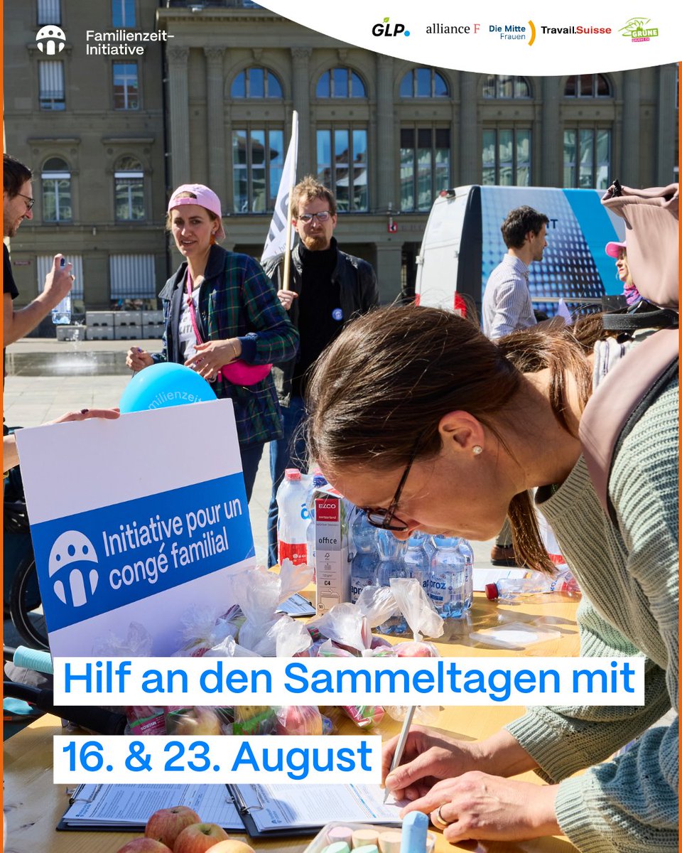 Mach mit  bei den «Back to Work» Sammeltagen der Familienzeit-Initiative und  unterstütze uns dabei, die nötigen 100’000 Unterschriften zu sammeln!

📅 Samstag,16. August &amp; Samstag 23. August
 📍 In Bern, Luzern und weiteren Städten

👉 familien-zeit.ch/sammeln/