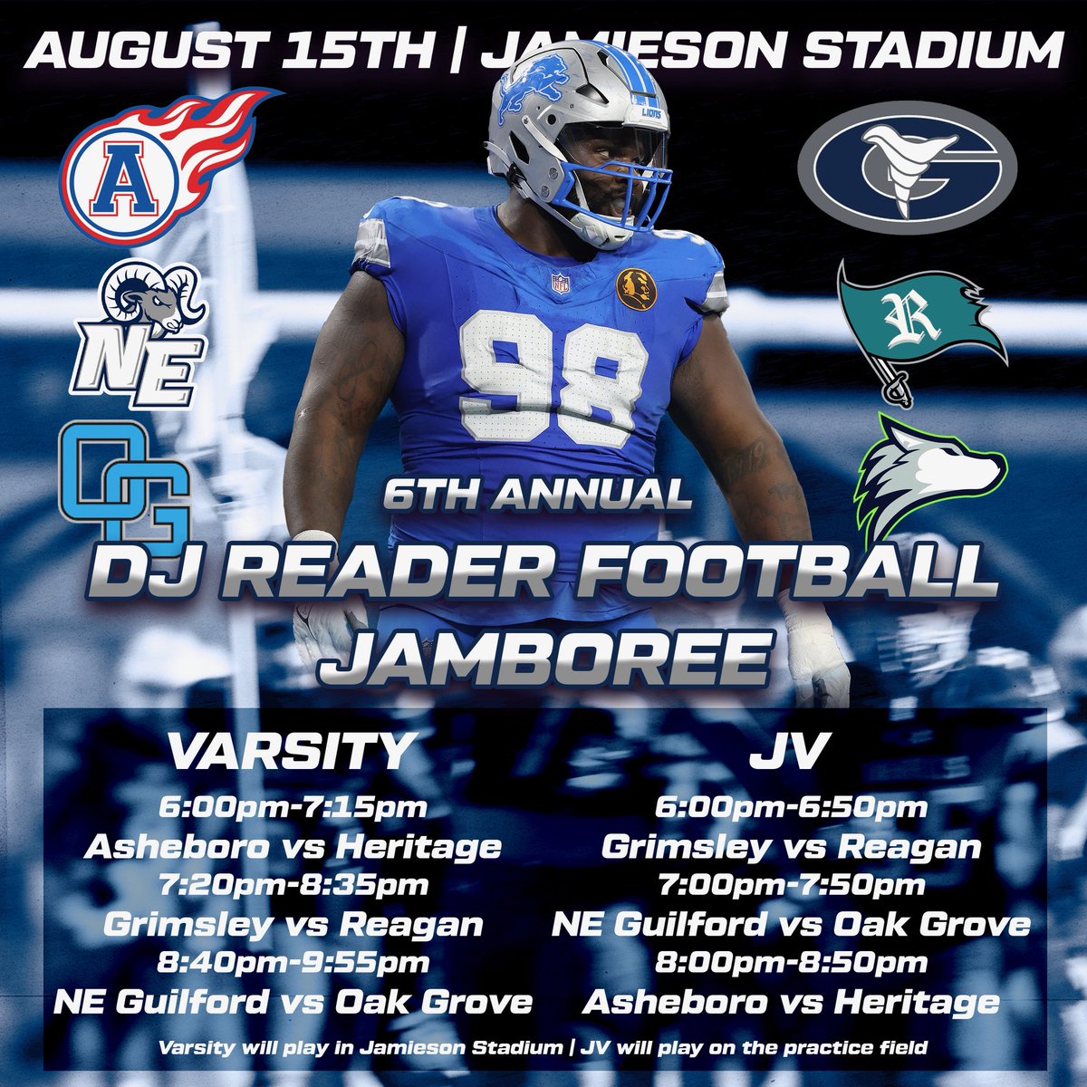 Grimsley Football (@grimsleyfb) on Twitter photo Looking forward to hosting <a href="/OakGroveGrizzFB/">Oak Grove Football</a> <a href="/bluecomet_fb/">Asheboro High School Football</a> <a href="/NEGRamFB/">Northeast Guilford Rams Football</a> <a href="/RaidersFB/">Reagan Raiders FB</a> <a href="/heritagehsfball/">Heritage Huskies</a> at our 6th annual <a href="/Djread98/">Dj Reader</a> Jamboree! #TDT #BlueCollar25 Looking forward to hosting <a href="/OakGroveGrizzFB/">Oak Grove Football</a> <a href="/bluecomet_fb/">Asheboro High School Football</a> <a href="/NEGRamFB/">Northeast Guilford Rams Football</a> <a href="/RaidersFB/">Reagan Raiders FB</a> <a href="/heritagehsfball/">Heritage Huskies</a> at our 6th annual <a href="/Djread98/">Dj Reader</a> Jamboree! #TDT #BlueCollar25