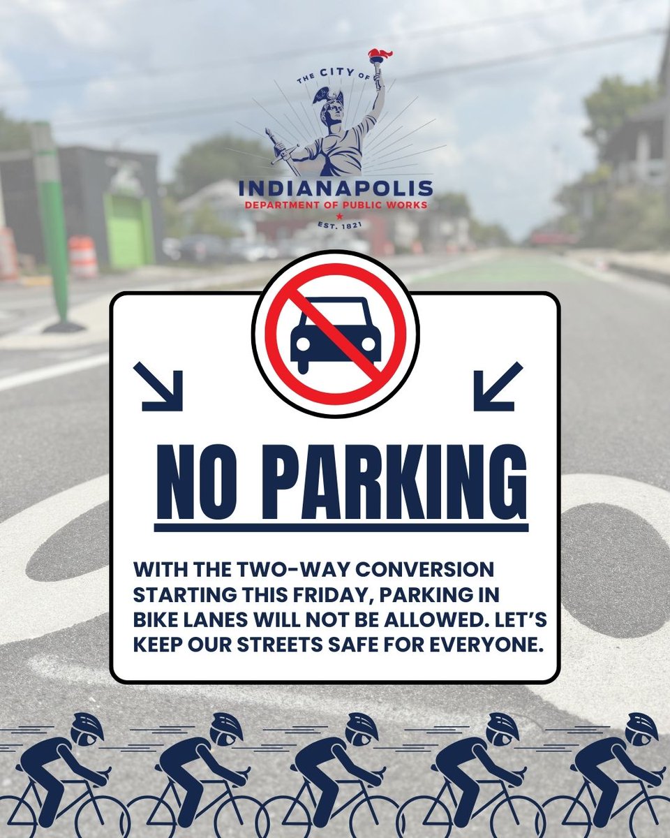 IndyDPW's tweet photo. Today (and every day) is a great day to not park in the new bike lanes on Michigan and New York streets! Let’s keep them clear and safe for everyone! https://t.co/jyC2BlyUxq