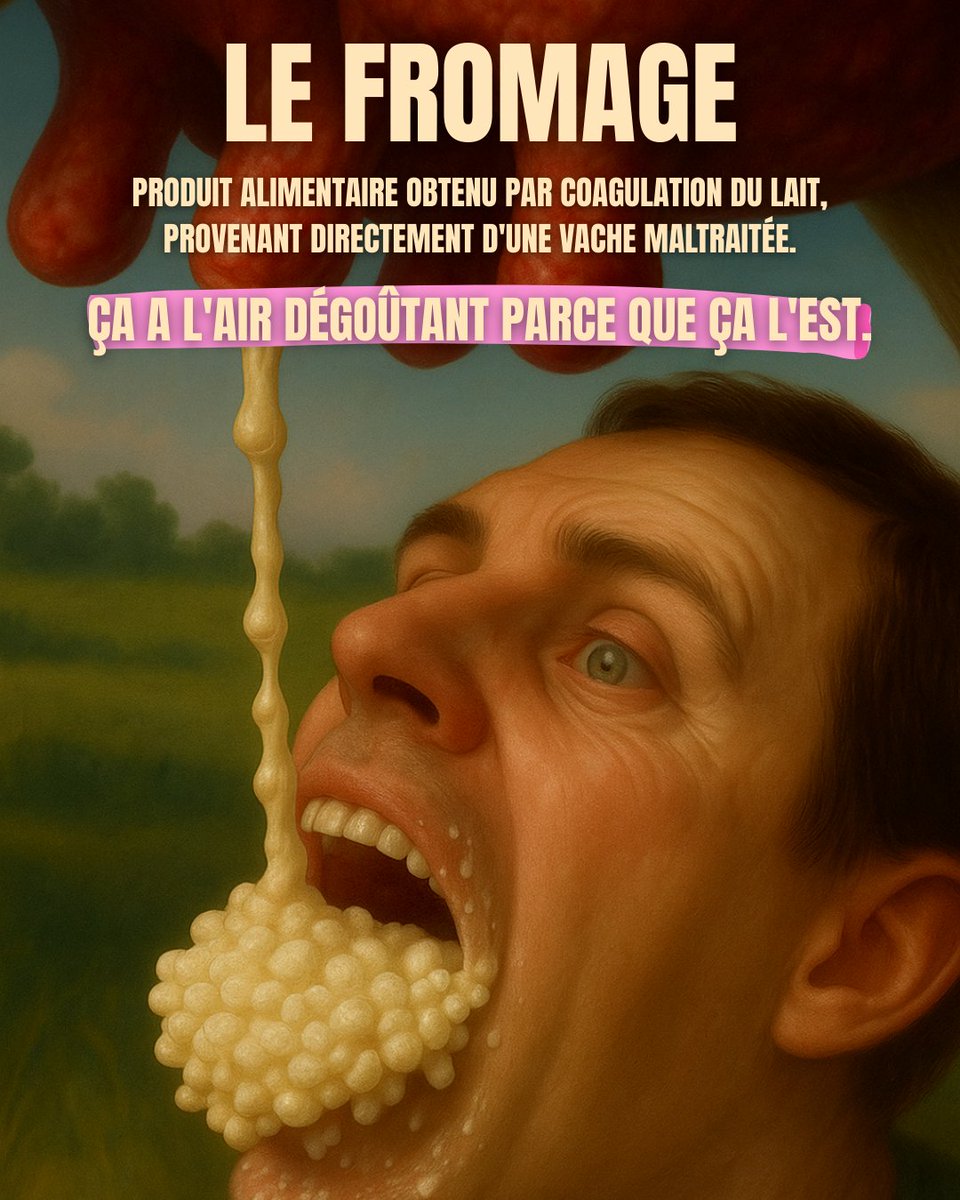 Fromage : pus caillé d’un animal maltraité. Bon appétit. 🐄

🎨 Rendu artistique