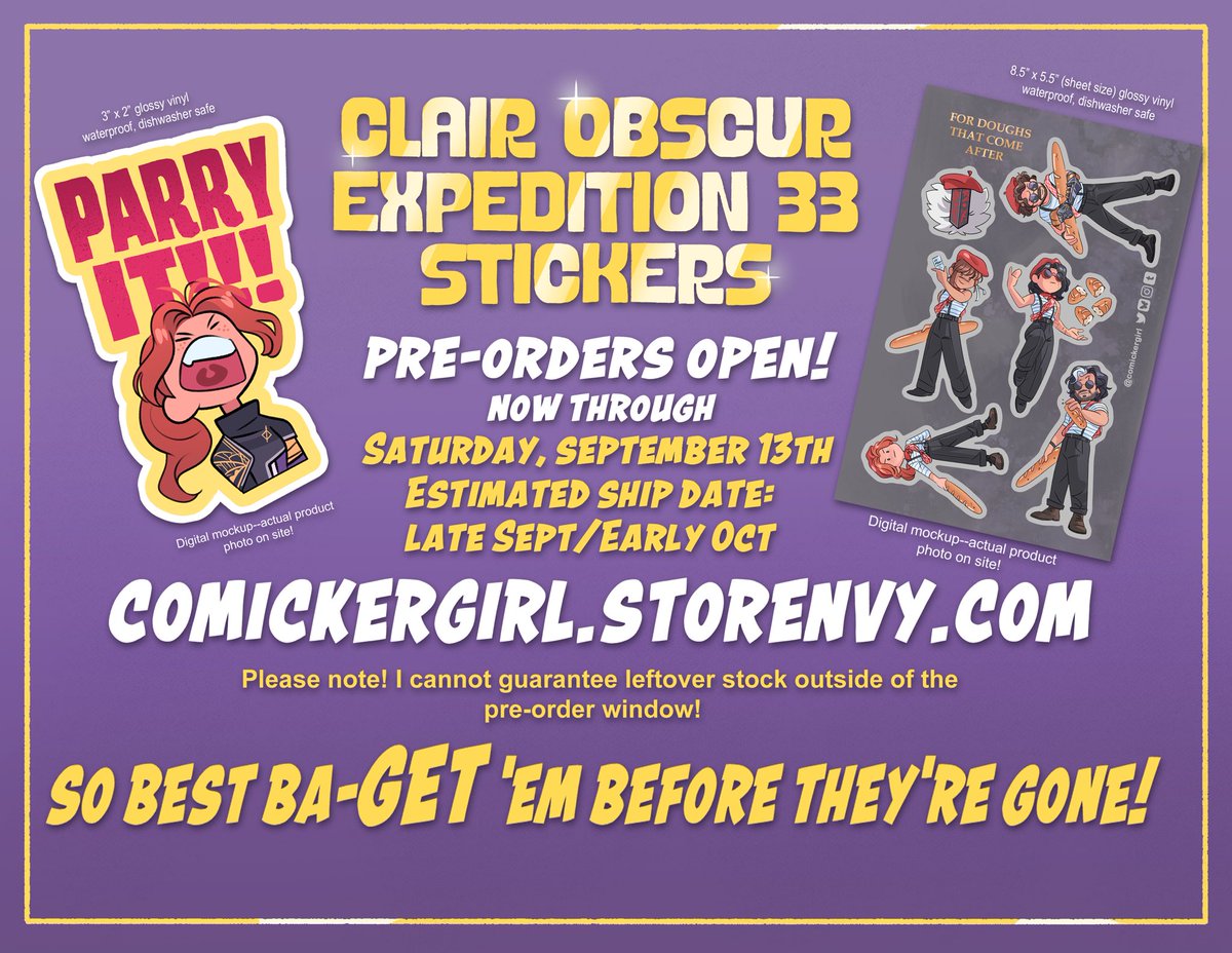 As promised, #Expedition33 stickers! Available for pre-order now thru September 13th on my storenvy site! :D