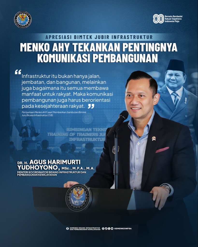 Menteri Koordinator Bidang Infrastruktur dan Pembangunan Kewilayahan, Agus Harimurti Yudhoyono (AHY) @agusyudhoyono, memberikan apresiasi atas terselenggaranya Bimbingan Teknis (Bimtek) Juru Bicara Infrastruktur yang digelar Masyarakat Asta Cita Indonesia (MACI) di Jakarta, belum