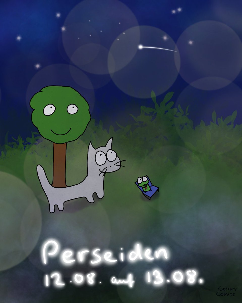 Heute Nacht sind Sternschnuppen unterwegs! Das wollen Glotzi, Gecko und Baumi sich natürlich nicht entgehen lassen.

Ich wünsche euch eine gute Sicht :)

#perseiden #sternschnuppe #sterne