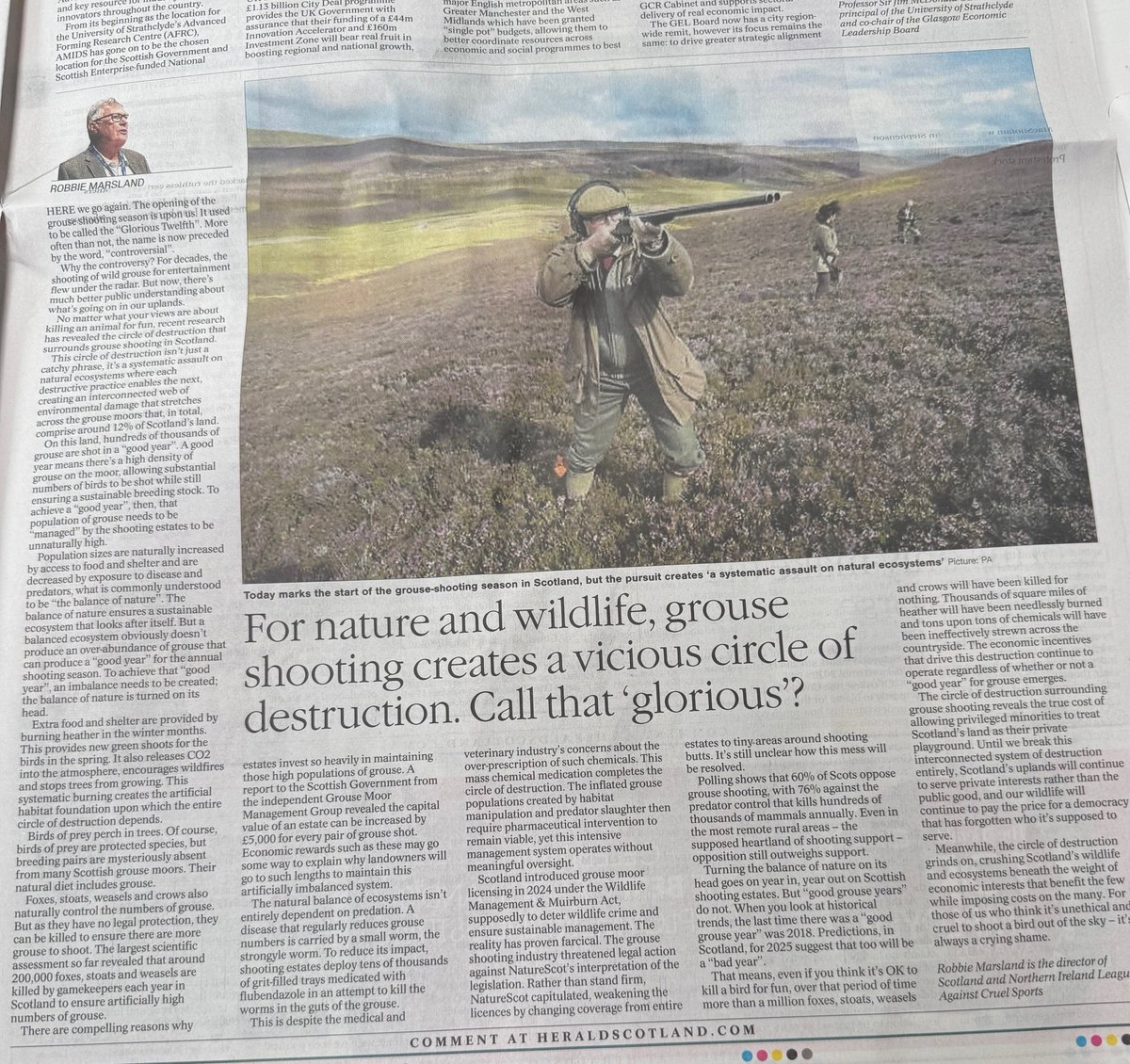For nature and wildlife, grouse shooting creates a vicious circle of destruction, Call that 'glorious'? 

Article by Robbie Marsland in The Herald.

raptorpersecutionuk.org/2025/08/12/for…