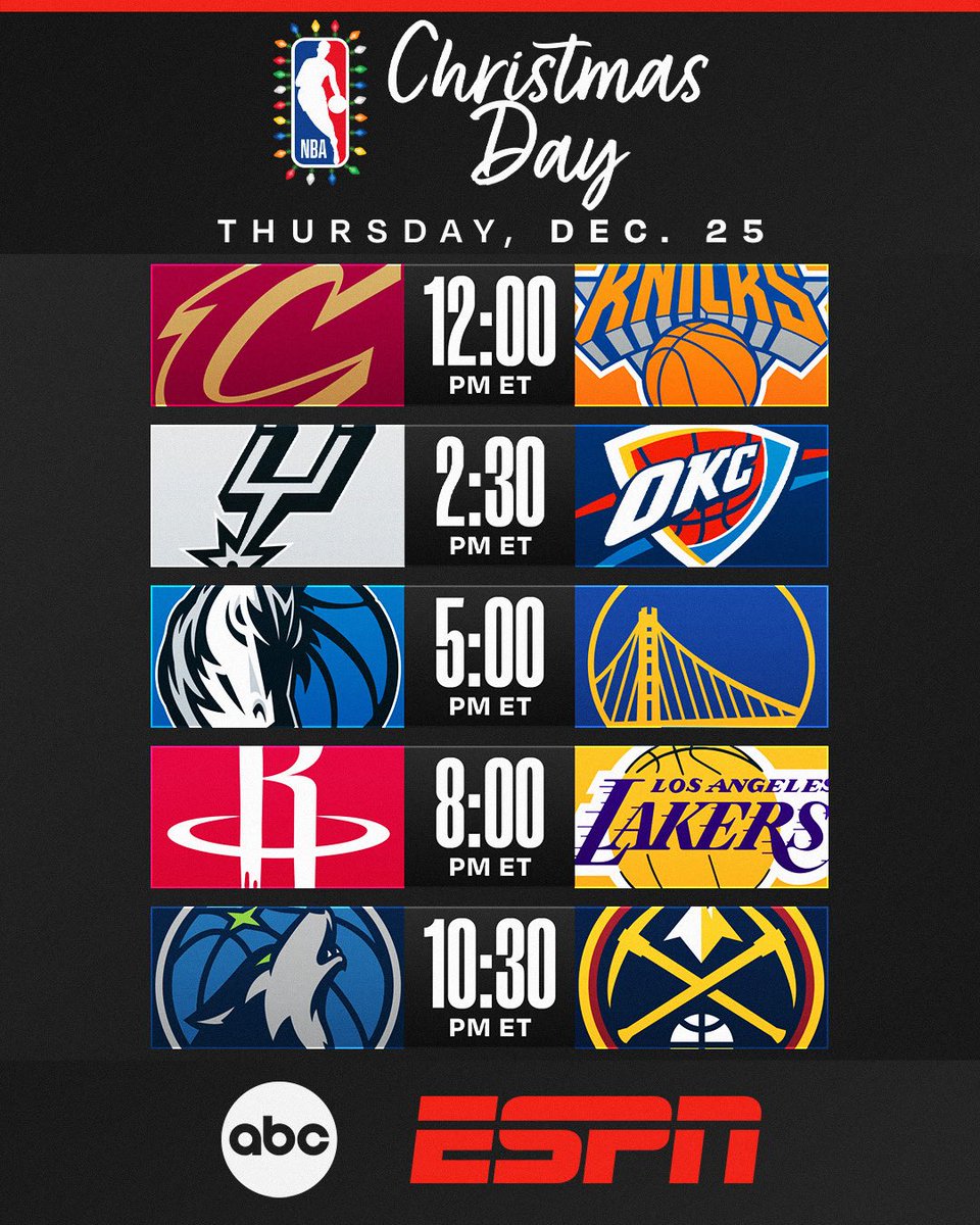 CHRISTMAS DAY on ABC &amp; ESPN!

🎄 Spida, Mobley vs. Brunson, KAT
🎄 Wemby, Fox vs. Shai, JDub
🎄 KD, Sengun vs. Luka, LeBron
🎄 AD, Flagg vs. Steph, Jimmy
🎄 Ant, Randle vs. Jokić, Murray

NBA Schedule Release presented by <a href="/Ticketmaster/">Ticketmaster</a>