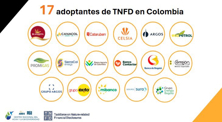 Desde la <a href="/ANDI_Colombia/">ANDI</a> destacamos a los 17 adoptantes de <a href="/TNFD_/">TNFD</a> en Colombia 🇨🇴 por emprender este camino de entender, medir y gestionar sus riesgos, impactos, dependencias y oportunidades de la naturaleza.