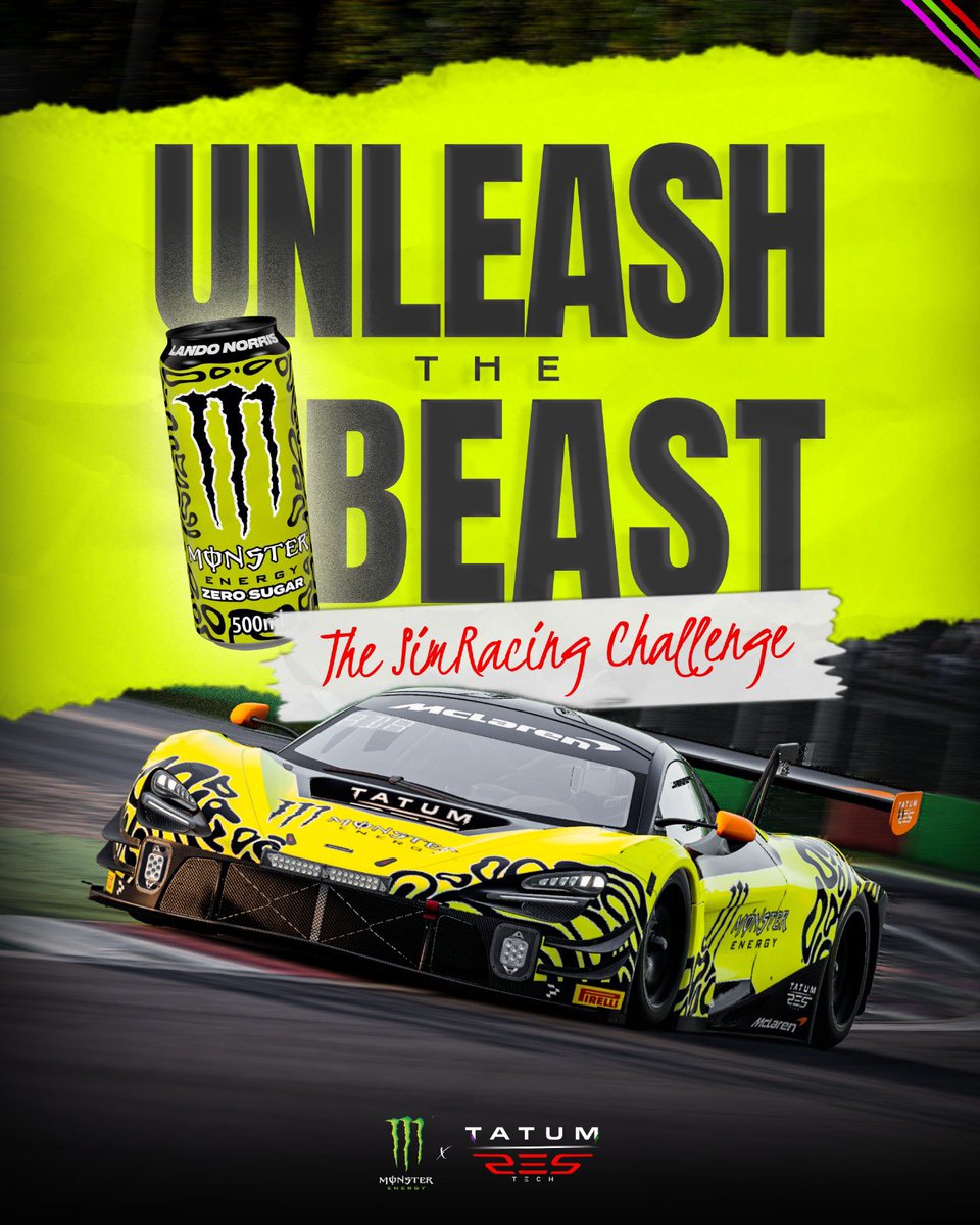 UNLEASH THE BEAST. ⚡️
We’re teaming up with #MonsterEnergy and bringing a special #LandoNorris livery, designed by us, to launch The SimRacing Challenge! 🏎🔥

Take on the McLaren 720S GT3 EVO at Monza, set your fastest lap, and fight for a spot in the LIVE Final this September.